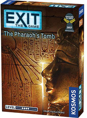 Exit: The Pharaoh's Tomb is an escape room game by Thames & Kosmos. The box features an artistic depiction of an ancient Egyptian statue, along with hieroglyphics in a gold and brown theme. It highlights the game's challenge level, suitable for novice to expert players, and includes the designers' names, Inka and Markus Brand. The game is part of the EXIT series, which offers immersive puzzle experiences.