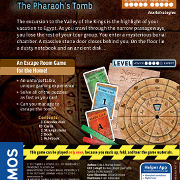 The product image for 'Exit: The Pharaoh's Tomb' features an adventurous escape room game created by Thames & Kosmos. The image displays the game box, which highlights the intriguing theme of exploring ancient Egyptian tombs. Visual elements include various game components such as cards, a puzzle wheel, and an instruction booklet, emphasizing the challenge of solving unique puzzles and escaping before time runs out. The excitement of the mysterious adventure is captured through vibrant graphics.