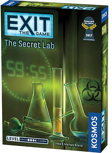 The Exit: The Secret Lab game by Thames & Kosmos features a captivating box design with images of laboratory glassware, a digital timer, and a biohazard symbol. It's part of a mystery-solving adventure game where players work together to escape a complex scenario. The box indicates a difficulty level ranging from novice to expert, making it suitable for various skill levels. Ideal for game nights and puzzle enthusiasts.