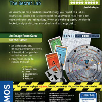 Exit: The Secret Lab by Thames & Kosmos is an engaging escape room game for home. The game includes a decoder disk, cards, and a circular board. Players work together to solve unique puzzles and escape the lab. The vibrant game box features intriguing game components and instructions, promising an exciting adventure with friends or family.