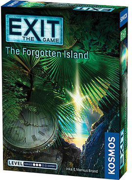 Exit: The Forgotten Island board game by Thames & Kosmos, featuring an intricate design with a mysterious clock and lush greenery. Ideal for cooperative play, this escape room-style game invites players to solve puzzles and unravel the mysteries of a forgotten island. Perfect for novice to expert levels, it's designed to offer a thrilling adventure experience.