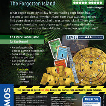 Exit: The Forgotten Island game by Thames & Kosmos. This escape room game presents a thrilling adventure where players solve challenges and puzzles to escape a mysterious island. The packaging features game components including cards, clues, and a game board, highlighting its cooperative gameplay experience suitable for families and friends. Level of difficulty is marked as 'Novice to Expert'.