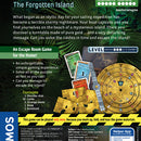 Exit: The Forgotten Island game by Thames & Kosmos. This escape room game presents a thrilling adventure where players solve challenges and puzzles to escape a mysterious island. The packaging features game components including cards, clues, and a game board, highlighting its cooperative gameplay experience suitable for families and friends. Level of difficulty is marked as 'Novice to Expert'.