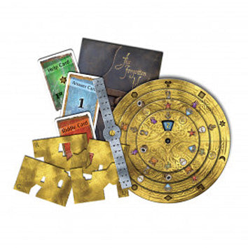 The game 'Exit: The Forgotten Island' featuring a circular puzzle board adorned with colorful symbols, several puzzle and help cards, and a thematic box. The components are designed for an immersive escape room experience, encouraging teamwork and problem-solving skills.