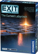 The box of 'Exit: The Cursed Labyrinth' game by Thames & Kosmos, featuring a mysterious labyrinth design on the cover. A glowing light emerges from the maze, creating an intriguing atmosphere. The box highlights the challenge of solving riddles to escape the labyrinth, and it indicates the game's difficulty level as novice to expert.