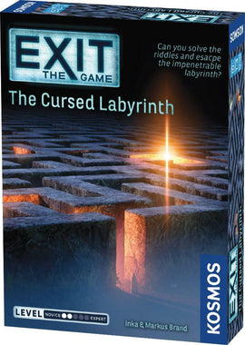 The box of 'Exit: The Cursed Labyrinth' game by Thames & Kosmos, featuring a mysterious labyrinth design on the cover. A glowing light emerges from the maze, creating an intriguing atmosphere. The box highlights the challenge of solving riddles to escape the labyrinth, and it indicates the game's difficulty level as novice to expert.