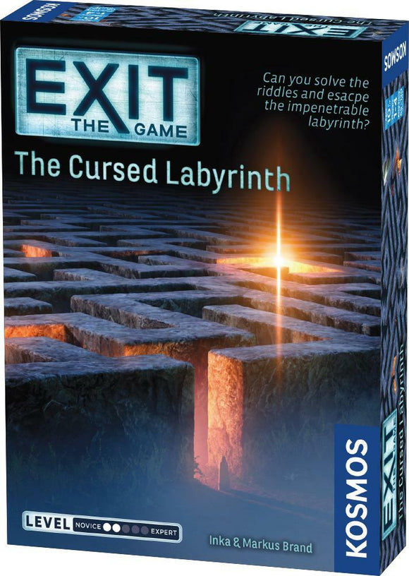 The box of 'Exit: The Cursed Labyrinth' game by Thames & Kosmos, featuring a mysterious labyrinth design on the cover. A glowing light emerges from the maze, creating an intriguing atmosphere. The box highlights the challenge of solving riddles to escape the labyrinth, and it indicates the game's difficulty level as novice to expert.