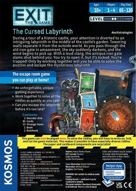 Exit: The Cursed Labyrinth board game by Thames & Kosmos. An engaging escape room experience for ages 10 and up, designed for 1 to 4 players. Players must collaborate to solve intricate puzzles and escape a locked labyrinth set in a historic castle garden. The game includes a decoder disc, 85 cards, 13 strange items, a rulebook, and an immersive storyline.