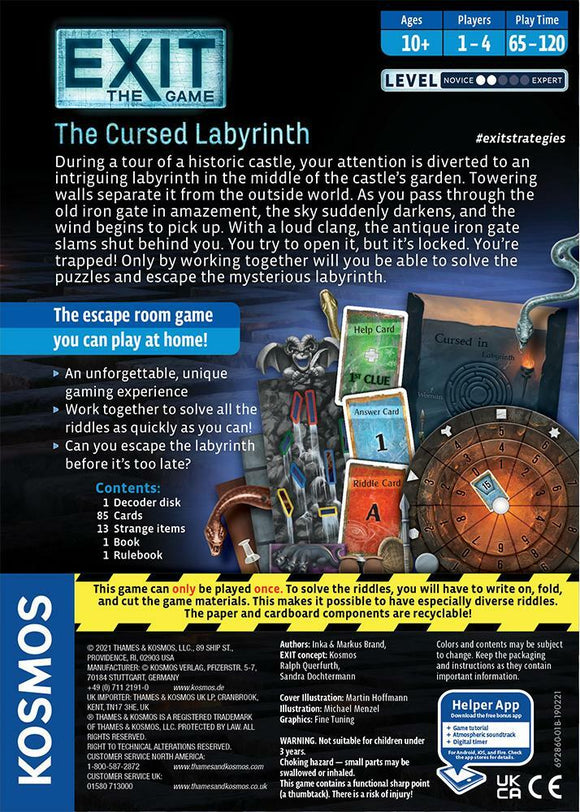 Exit: The Cursed Labyrinth board game by Thames & Kosmos. An engaging escape room experience for ages 10 and up, designed for 1 to 4 players. Players must collaborate to solve intricate puzzles and escape a locked labyrinth set in a historic castle garden. The game includes a decoder disc, 85 cards, 13 strange items, a rulebook, and an immersive storyline.