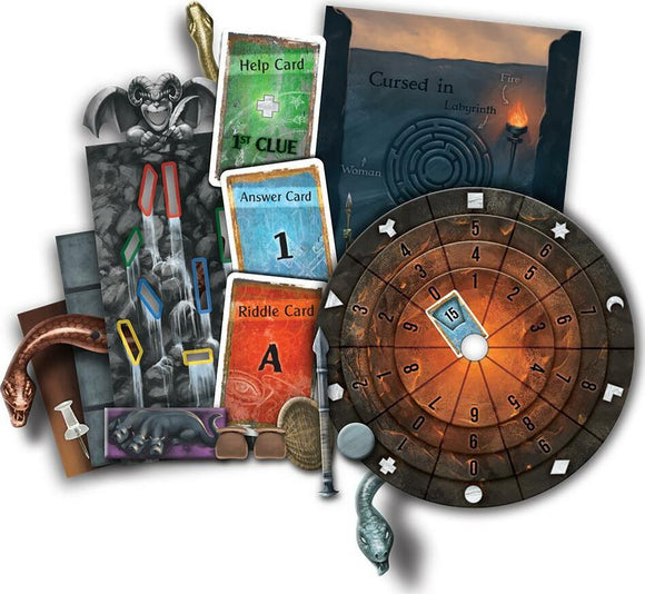 Exit: The Cursed Labyrinth game by Thames & Kosmos featuring a colorful assortment of game cards including Help Card, Riddle Card, and Answer Card. The set includes a spiral dial with numbers, thematic illustrations like a waterfall, and objects like a sword and serpent, designed for mystery and puzzle-solving fun.