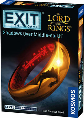 Exit: The Lord of the Rings Shadows Over Middle-earth game box featuring an artistic depiction of the One Ring with a dragon motif. The game is designed for escape room enthusiasts and offers a thrilling adventure in the iconic world of Middle-earth, featuring cooperative puzzles and immersive storytelling.