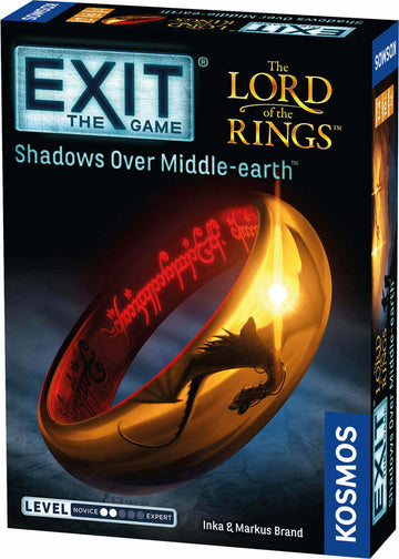 Exit: The Lord of the Rings Shadows Over Middle-earth game box featuring an artistic depiction of the One Ring with a dragon motif. The game is designed for escape room enthusiasts and offers a thrilling adventure in the iconic world of Middle-earth, featuring cooperative puzzles and immersive storytelling.