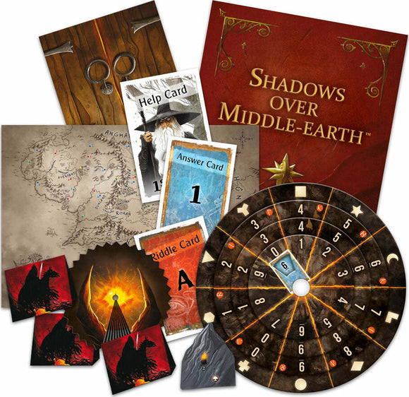 A collection of game components from 'Exit: The Lord of the Rings Shadows Over Middle Earth' by Thames & Kosmos, including a game board, map, help, answer, and riddle cards, along with tokens featuring iconic imagery from Middle Earth.