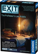 Exit: The Professor's Last Riddle game by Thames & Kosmos, featuring a box design with a globe, books, and various objects on a desk. The game challenges players to solve mysteries linked to a professor's legacy, suitable for both novices and experts.