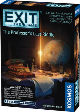 Exit: The Professor's Last Riddle game by Thames & Kosmos, featuring a box design with a globe, books, and various objects on a desk. The game challenges players to solve mysteries linked to a professor's legacy, suitable for both novices and experts.