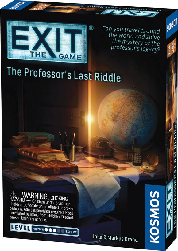 Exit: The Professor's Last Riddle game by Thames & Kosmos, featuring a box design with a globe, books, and various objects on a desk. The game challenges players to solve mysteries linked to a professor's legacy, suitable for both novices and experts.