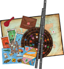 Exit: The Professor's Last Ride game by Thames & Kosmos displayed with game components including a world map, riddle and answer cards, a spinning wheel, and a balloon.