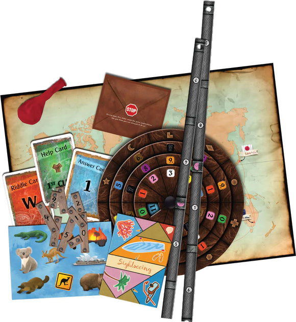 Exit: The Professor's Last Ride game by Thames & Kosmos displayed with game components including a world map, riddle and answer cards, a spinning wheel, and a balloon.