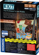 The Exit: The Professor's Last Riddle board game by Thames & Kosmos features an intriguing design showcasing an envelope, postcards, and various riddles. The packaging highlights elements of a mysterious archaeological assignment where players must solve puzzles to uncover the professor's legacy. Suitable for 1-4 players, ages 12 and up, with a playtime of 1-2 hours. Contains components like a decoder disk, cards, and stickers.