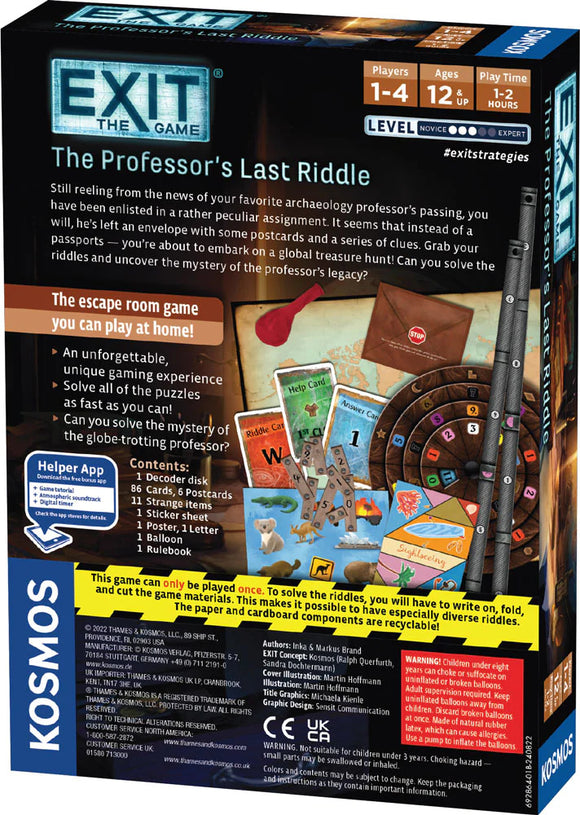 The Exit: The Professor's Last Riddle board game by Thames & Kosmos features an intriguing design showcasing an envelope, postcards, and various riddles. The packaging highlights elements of a mysterious archaeological assignment where players must solve puzzles to uncover the professor's legacy. Suitable for 1-4 players, ages 12 and up, with a playtime of 1-2 hours. Contains components like a decoder disk, cards, and stickers.
