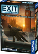 The Exit: The Disappearance of Sherlock Holmes game box, featuring a silhouette of a detective in a trench coat, standing on a bridge with Big Ben in the background. Bright colors and intriguing design hint at a mystery-solving adventure.