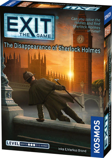 The Exit: The Disappearance of Sherlock Holmes game box, featuring a silhouette of a detective in a trench coat, standing on a bridge with Big Ben in the background. Bright colors and intriguing design hint at a mystery-solving adventure.