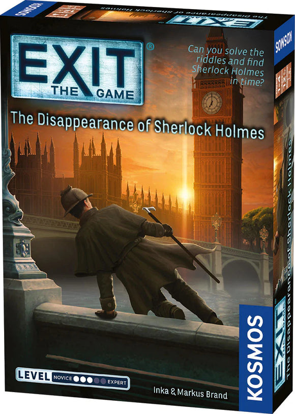 The Exit: The Disappearance of Sherlock Holmes game box, featuring a silhouette of a detective in a trench coat, standing on a bridge with Big Ben in the background. Bright colors and intriguing design hint at a mystery-solving adventure.