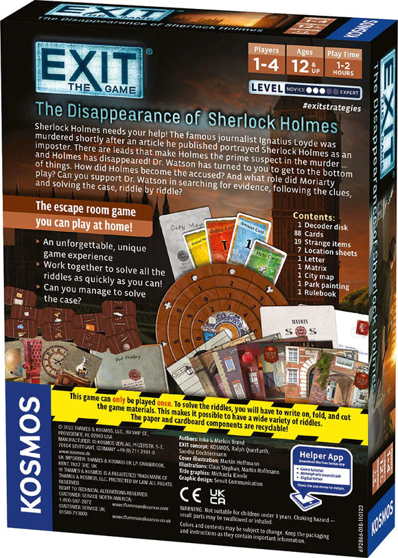 Exit: The Disappearance of Sherlock Holmes is an engaging escape room game by Thames & Kosmos for 1-4 players aged 12 and up. The box features colorful graphics, including cards, a decoder disk, and rulebook, inviting players to solve intriguing riddles and unravel the mystery surrounding Sherlock Holmes' disappearance. Ideal for game nights and family gatherings, it offers a unique, immersive experience.