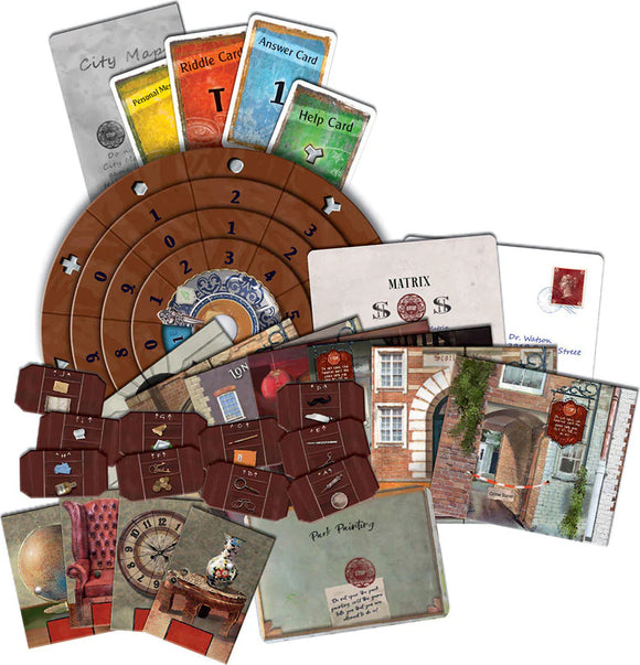 Exit: The Disappearance of Sherlock Holmes game components, including a circular device, various cards (city map, riddle card, answer card), and clue items like building images and notable objects. The layout showcases the interactive elements designed for an immersive mystery-solving experience.