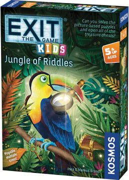 The Exit: Kids Jungle of Riddles game by Thames & Kosmos features a vibrant and colorful box design. The front showcases a cheerful toucan holding a magnifying glass amidst lush green jungle foliage, inviting children aged 5 and up to embark on a puzzle-solving adventure filled with treasure chests and riddles.