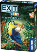 The Exit: Kids Jungle of Riddles game by Thames & Kosmos features a vibrant and colorful box design. The front showcases a cheerful toucan holding a magnifying glass amidst lush green jungle foliage, inviting children aged 5 and up to embark on a puzzle-solving adventure filled with treasure chests and riddles.