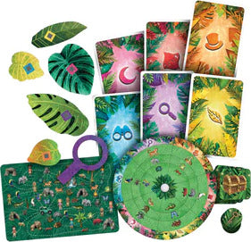Exit: Kids Jungle of Riddles game by Thames & Kosmos featuring colorful cards, jungle leaves, a magnifying glass, and a playful game board. Perfect for young adventurers seeking fun and mystery in a vibrant jungle setting.