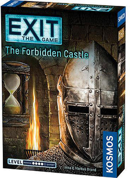 The box of the board game 'Exit: The Forbidden Castle' by Thames & Kosmos featuring a medieval knight's helmet against a stone wall with an hourglass and flames. The game's title is prominently displayed at the top, along with a note indicating that it offers both novice and expert difficulty levels.