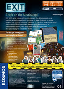 Image of the 'Exit: Theft on Mississippi' game box by Thames & Kosmos. The design features text and graphics indicating it's an escape room game for 1-4 players, ages 12 and up, with a playtime of 1-2 hours. Content includes a decoder disk, 85 cards, suspect tokens, and a rulebook. The theme revolves around solving a robbery that occurred on a paddle-wheeled steamboat in 1872, enticing players to collaborate and solve riddles.