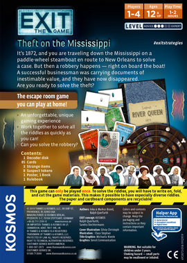 Image of the 'Exit: Theft on Mississippi' game box by Thames & Kosmos. The design features text and graphics indicating it's an escape room game for 1-4 players, ages 12 and up, with a playtime of 1-2 hours. Content includes a decoder disk, 85 cards, suspect tokens, and a rulebook. The theme revolves around solving a robbery that occurred on a paddle-wheeled steamboat in 1872, enticing players to collaborate and solve riddles.