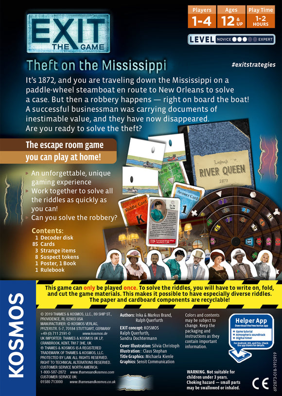 Image of the 'Exit: Theft on Mississippi' game box by Thames & Kosmos. The design features text and graphics indicating it's an escape room game for 1-4 players, ages 12 and up, with a playtime of 1-2 hours. Content includes a decoder disk, 85 cards, suspect tokens, and a rulebook. The theme revolves around solving a robbery that occurred on a paddle-wheeled steamboat in 1872, enticing players to collaborate and solve riddles.