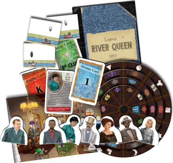 Exit: Theft on Mississippi by Thames & Kosmos is a thrilling escape room game featuring various game components including character cards, riddle cards, an answer card, and a roulette wheel. Players take on the roles of characters, solve puzzles, and collect clues to uncover a thrilling mystery set on the River Queen in 1872.