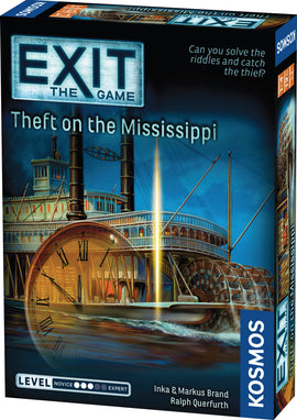 Exit: Theft on the Mississippi is an engaging escape room game by Thames & Kosmos. The game features an intricate design showcasing a steamboat with a clock, suggesting a race against time to solve riddles and catch a thief. Ideal for novice to expert players.
