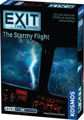 The Stormy Flight board game by Thames & Kosmos, featuring an intense cockpit scene with lightning in the background. The box prominently displays the title in bold letters, inviting players to solve riddles to safely land a plane. Ideal for novice to expert players, it promises an exciting escape room experience.