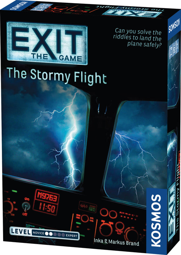 The Stormy Flight board game by Thames & Kosmos, featuring an intense cockpit scene with lightning in the background. The box prominently displays the title in bold letters, inviting players to solve riddles to safely land a plane. Ideal for novice to expert players, it promises an exciting escape room experience.