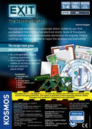 Exit: The Stormy Flight is an escape room board game for 1-4 players aged 10 and up. Players act as crew members on a passenger plane facing an electrical storm. They must work together to solve riddles and repair the aircraft before it's too late. The box includes a decoder disk, cards, a book, and other game materials with unique puzzles and challenges.