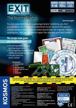 Exit: The Stormy Flight is an escape room board game for 1-4 players aged 10 and up. Players act as crew members on a passenger plane facing an electrical storm. They must work together to solve riddles and repair the aircraft before it's too late. The box includes a decoder disk, cards, a book, and other game materials with unique puzzles and challenges.