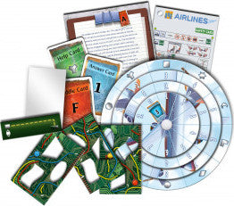 Exit: The Stormy Flight game components including cards, a help guide, answer card, and game wheels visually depicting flight paths and instructions for an immersive escape room experience.
