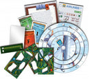 Exit: The Stormy Flight game components including cards, a help guide, answer card, and game wheels visually depicting flight paths and instructions for an immersive escape room experience.