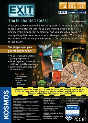 Exit: The Enchanted Forest is an immersive escape room game designed for 1-4 players ages 10 and up. As you embark on a seemingly serene forest walk, unexpected twists lead you to solve intriguing puzzles and riddles while encountering fairy-tale creatures. The game includes essential components such as a decoder disk, clue cards, and a rulebook for a captivating adventure experience that provides hours of engagement.