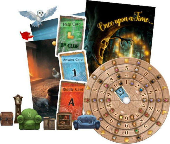 Exit: The Enchanted Forest game components including clue cards, riddle cards, an answer card, and a circular riddle wheel, set against a fantasy background featuring a magical forest theme.