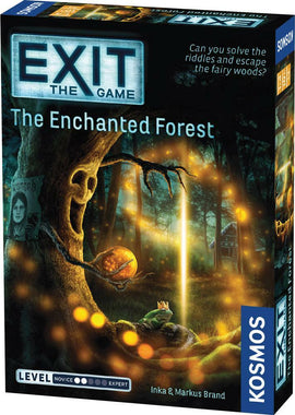 The Enchanted Forest, a thrilling escape room game by Thames & Kosmos. The box features mystical artwork of a forest with glowing lights, a magical creature, and a tree. It invites players to solve riddles to escape the fairy woods. Difficulty level is marked as novice to expert, appealing to a wide range of players.