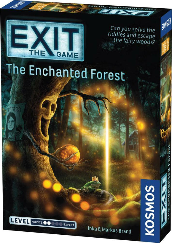 The Enchanted Forest, a thrilling escape room game by Thames & Kosmos. The box features mystical artwork of a forest with glowing lights, a magical creature, and a tree. It invites players to solve riddles to escape the fairy woods. Difficulty level is marked as novice to expert, appealing to a wide range of players.