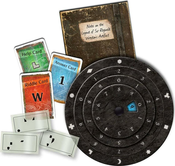 Game components for 'Exit: The Cemetery of the Knight' including a spiral game wheel, riddle cards, help cards, and a booklet titled 'Notes on the Legend of Sir Reginald Wreston's Artifact.' The cards are colorful and feature various symbols and numbers.