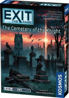 Exit: The Cemetery of the Knight board game box featuring a dark, atmospheric graveyard scene. Silhouettes of tombstones under a cloudy sky, with ravens perched on stones and a glowing light in the background. The box includes the title 'Exit' and the subtitle 'The Cemetery of the Knight,' suggesting mystery and adventure as players solve riddles to unearth a legendary artifact. Clearly labeled difficulty level ranging from novice to expert.